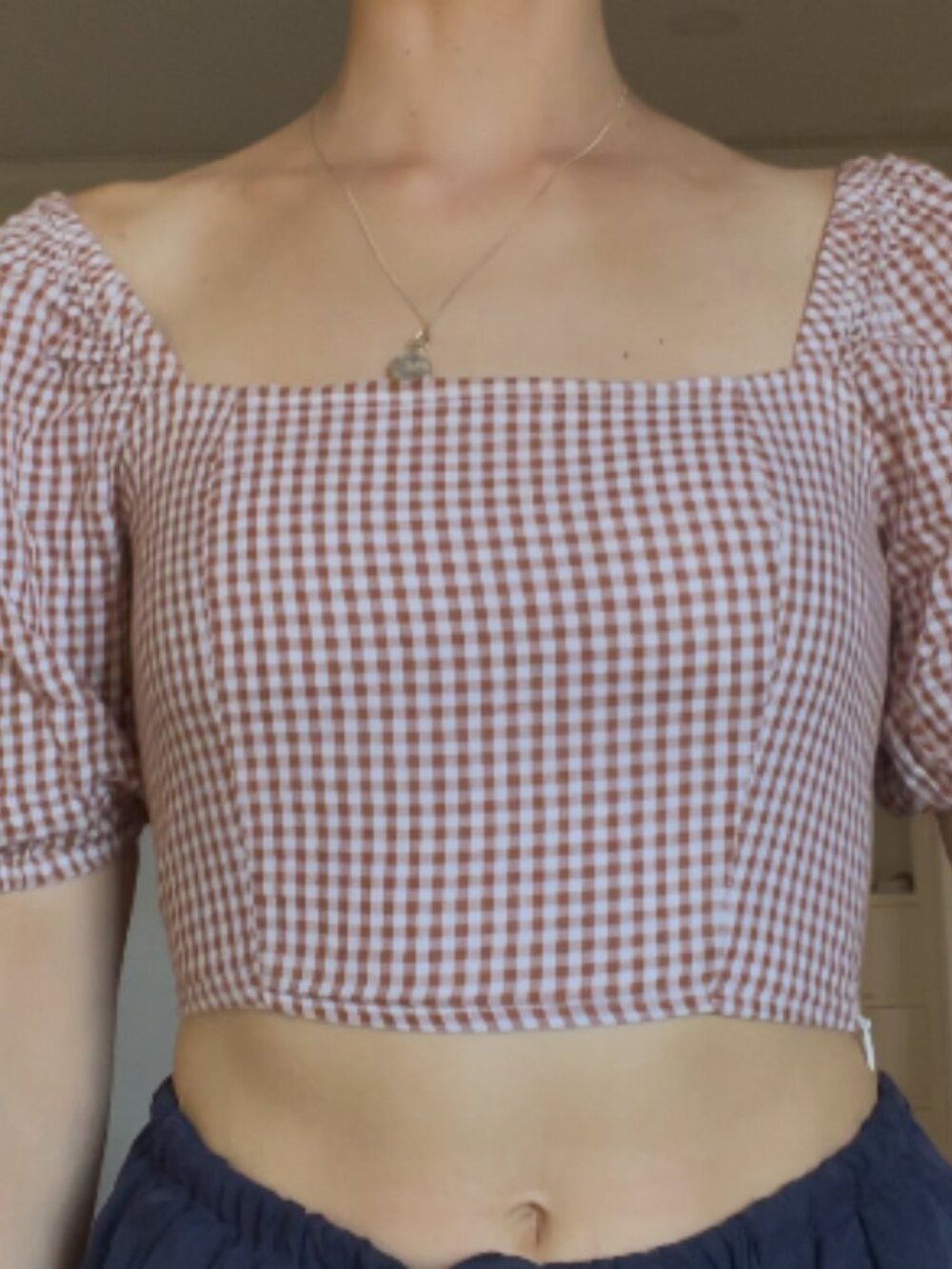 Rhythm Brown Gingham Puff-Sleeve Crop Top